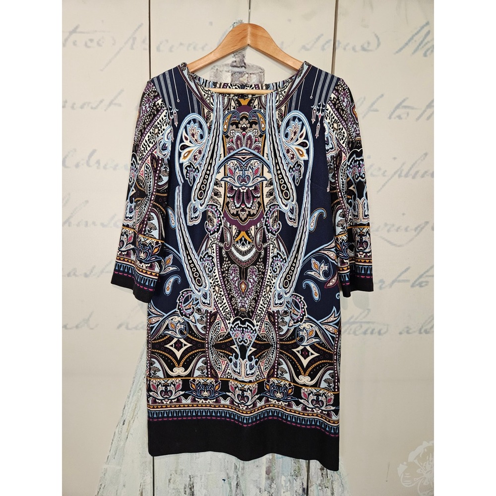 Chico's Shift Dress 0.5 Small Navy Blue Paisley Boho 3/4 Sleeve Medallion Print